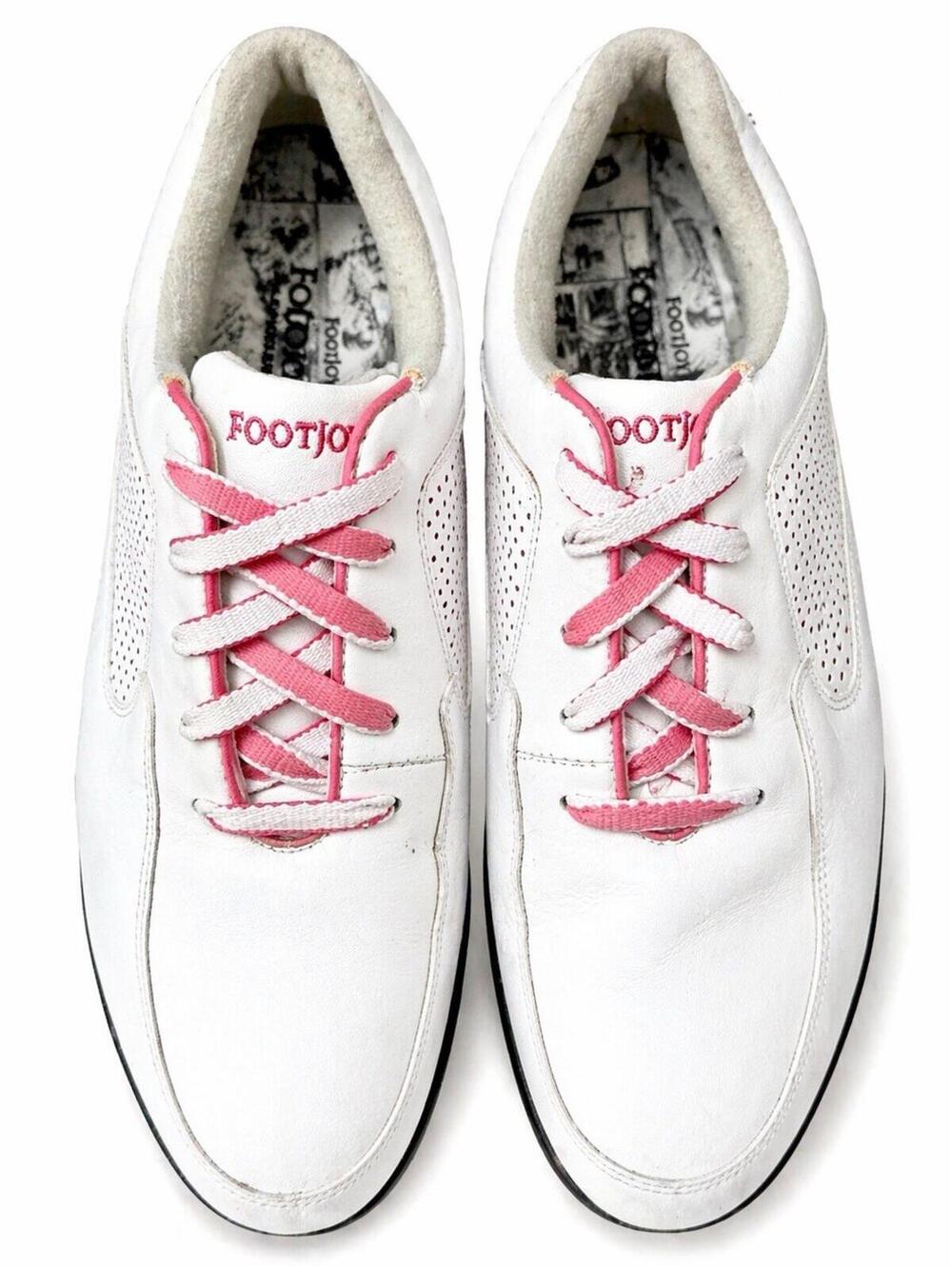 FootJoy Womens Golf Shoes 9M White Pink Leather Spiked SoftSpikes Comfort